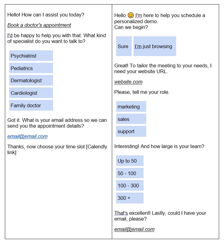 Meeting booking chatbot conversation example