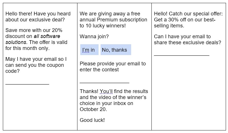 Special discount lead generation conversation chatbot example
